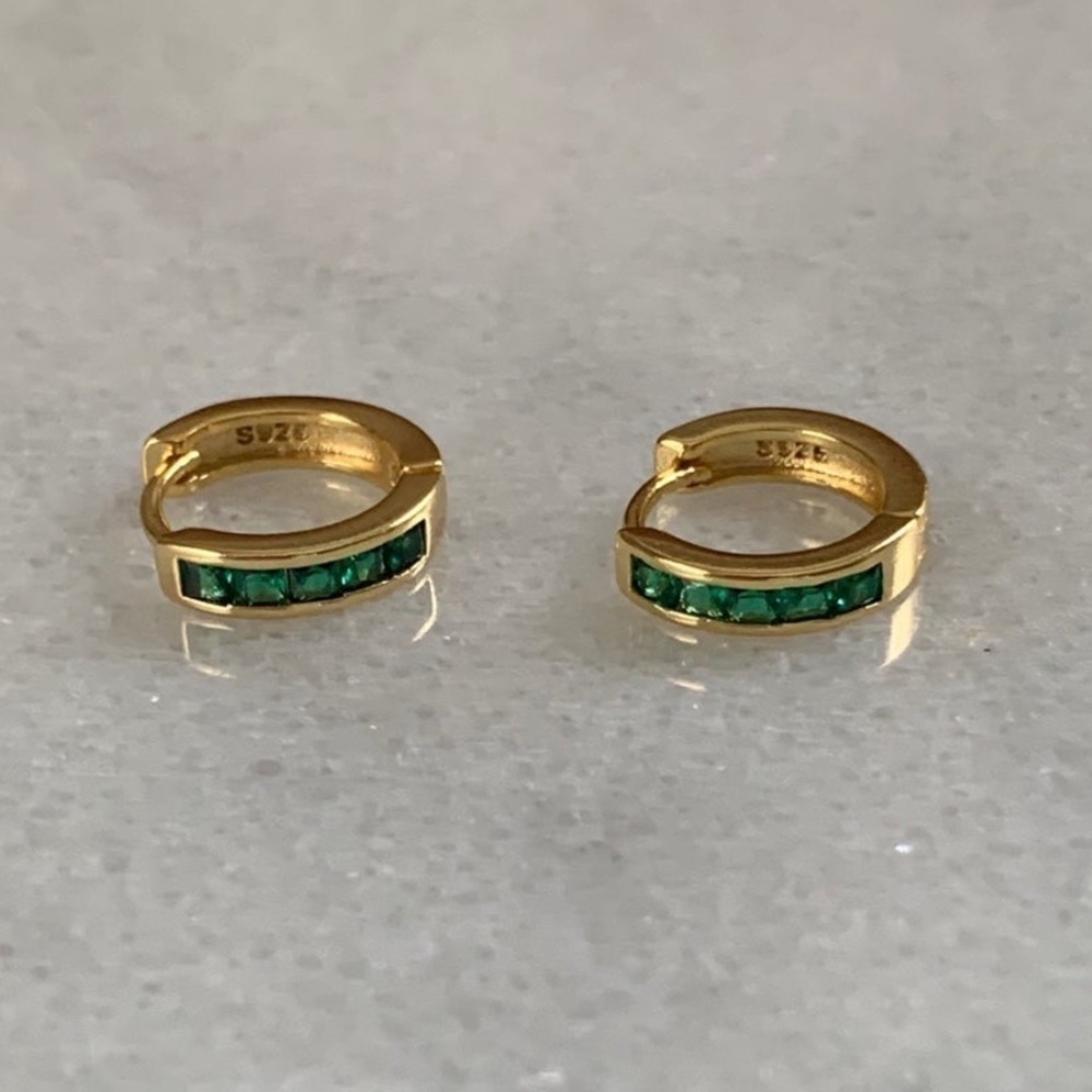 Gold Green Crystal Thick Small Huggie Hoop Earrings - Picture 1 of 3